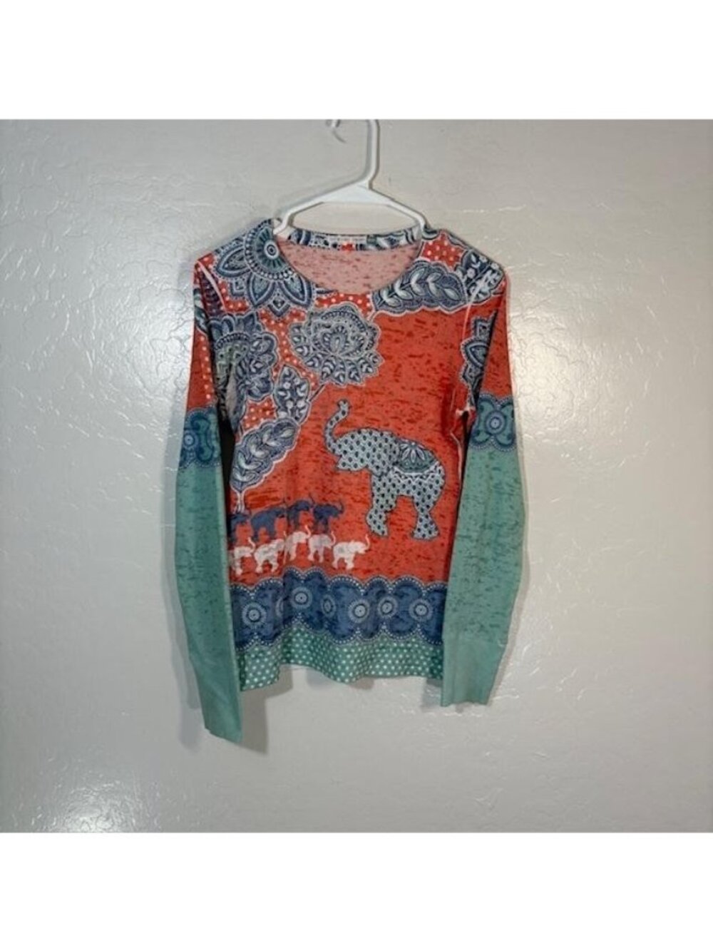Whimsy Rose Shirt Womens XS Multicolor Paisley Elephant Waffle Long Sleeve Top